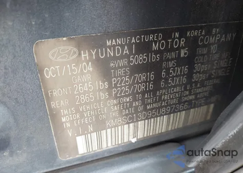 2005 Hyundai Santa Fe Gls z USA, uszkodzony, nr VIN KM8SC13D95U897366